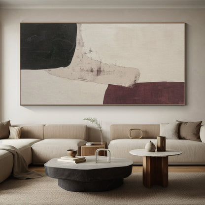 Hand-Painted Black, Beige, and Maroon Abstract Shape Painting For Sale HS025