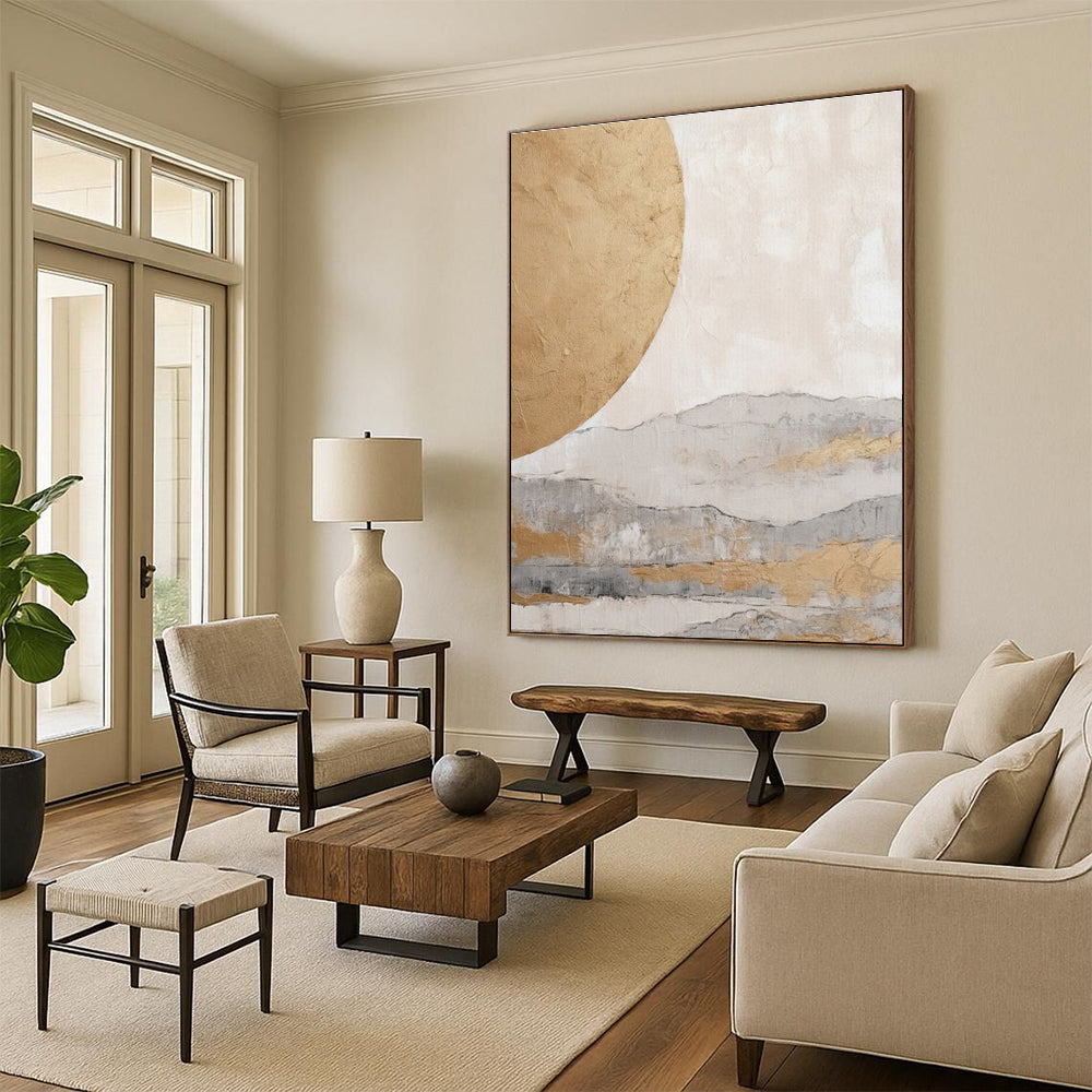 Gold, Gray, and Beige Abstract Mountain and Sun Painting For Sale Online WS486