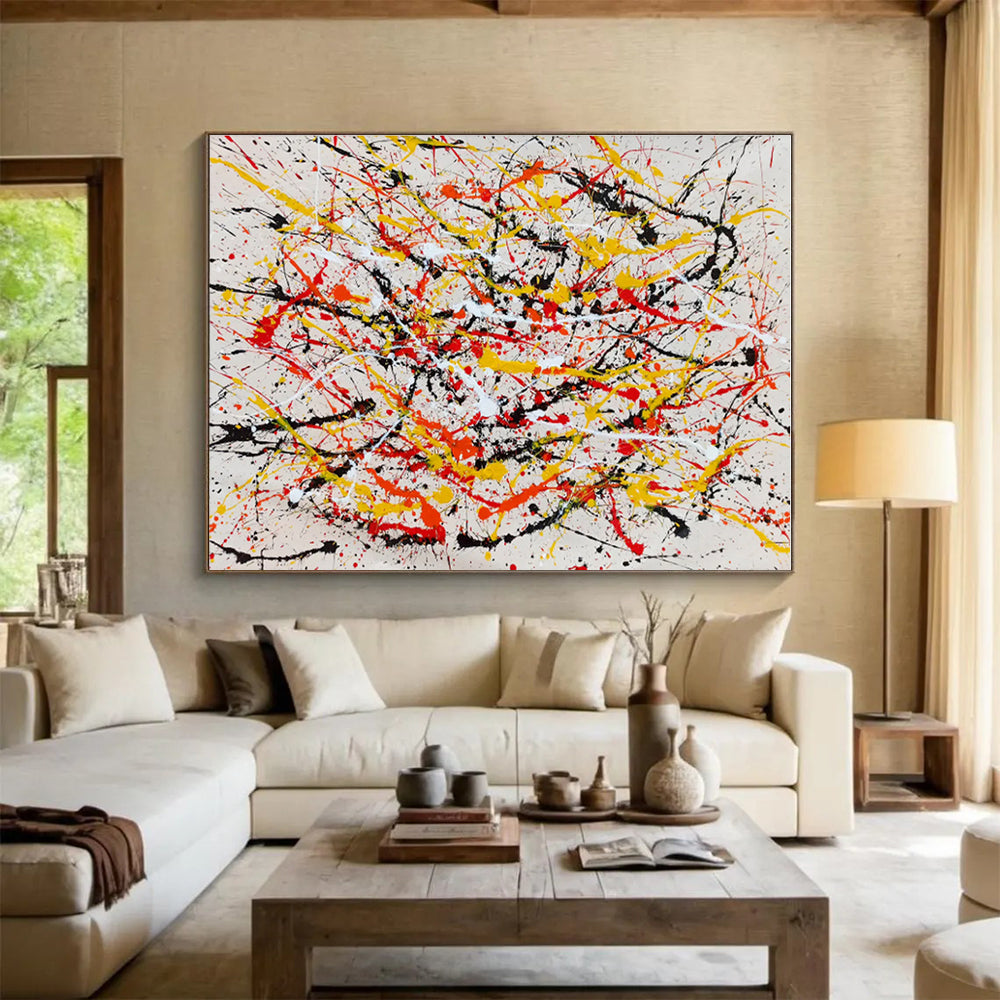 Huge Size Red, Yellow, Black and White Abstract Splatter Painting WB084