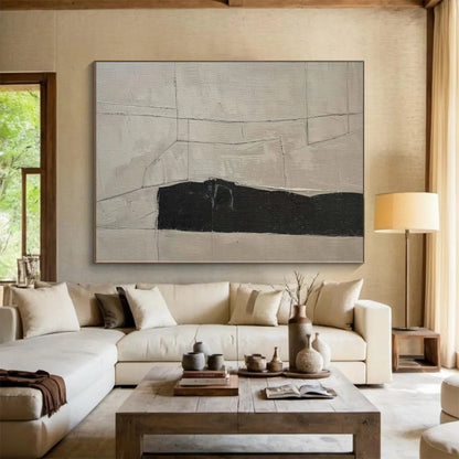 Hand-Painted Beige and Black Abstract Geometric Line Painting For Sale HS027