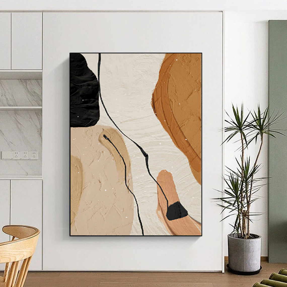Handmade Art Beige, Brown, and Black Abstract Shape Painting For Sale HS083