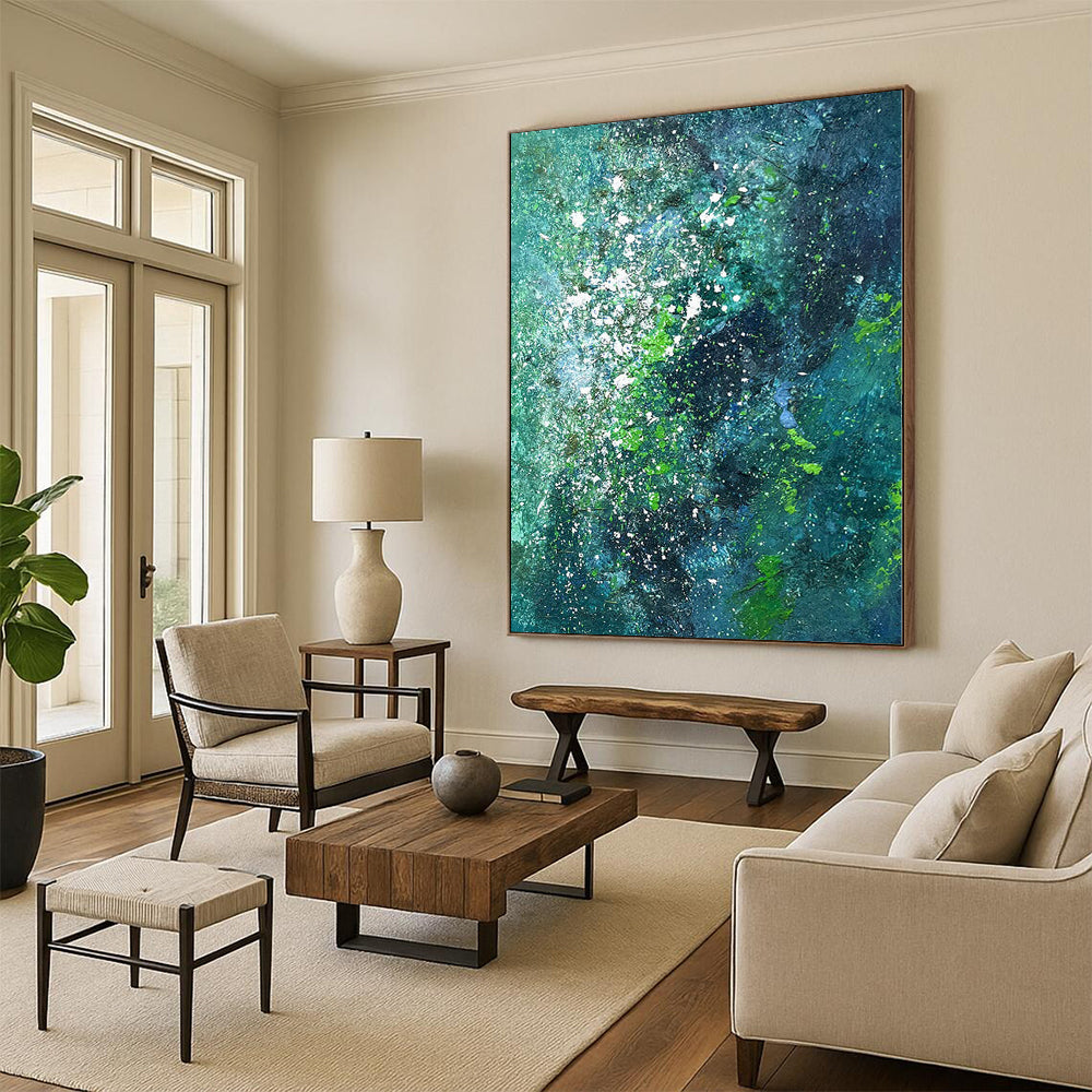Hand-Painted Teal, Green, and White Abstract Splatter Painting For Sale HS015