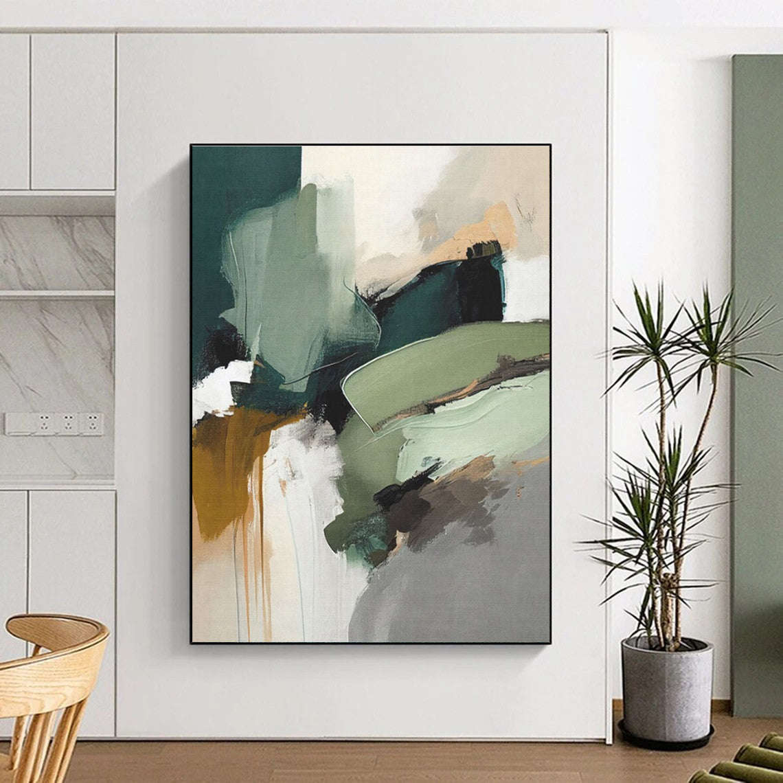 Large Contemporary Wall Art Earthy Greens and Neutrals Abstract HS577