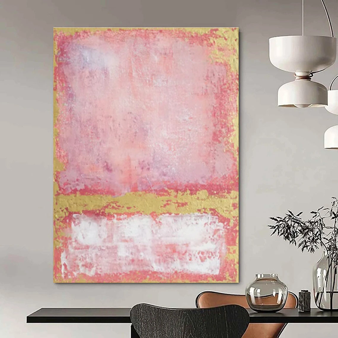 Pink, Gold, and White Abstract Color Block Painting For Sale WS514