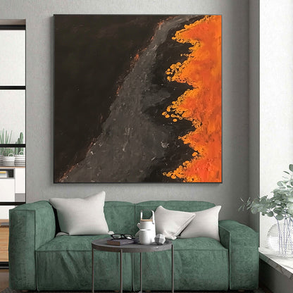 Hand-Painted Black, Gray, and Orange Abstract Textured Painting For Sale HS141