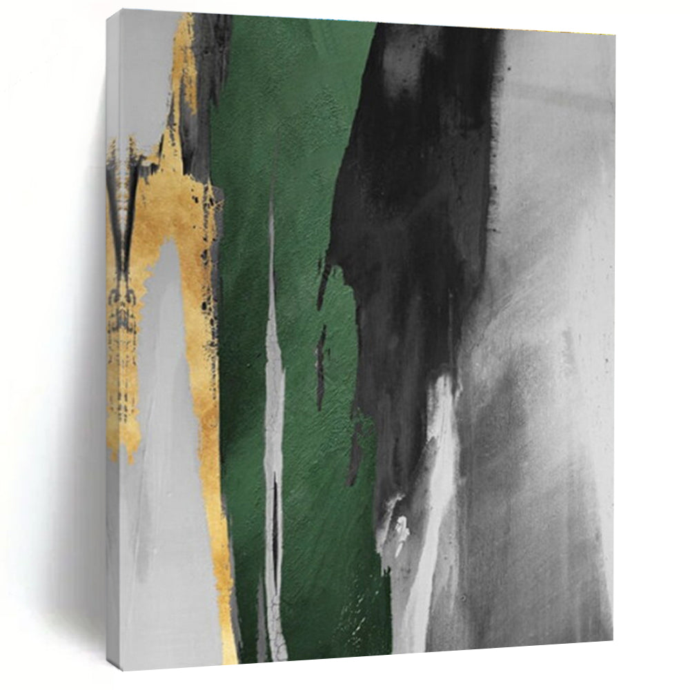 Handmade Art Oversized Abstract Wall Art with Green, Black, Gray, Gold Textured Brushstrokes - Acrylic Modern Art Painting HS536