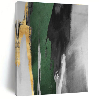 Handmade Art Oversized Abstract Wall Art with Green, Black, Gray, Gold Textured Brushstrokes - Acrylic Modern Art Painting HS536