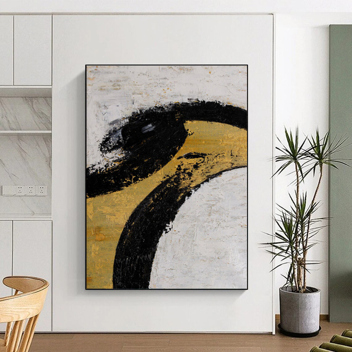 Gaint Canvas Art Black, Gold & White Gestural Abstract, Oversized Abstract Wall Art HS285