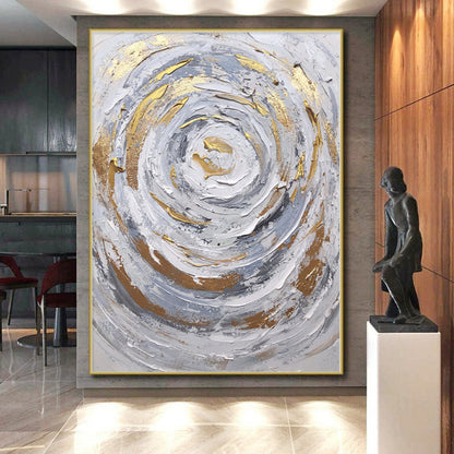 Hand-Painted Gray, White, and Gold Abstract Swirl Painting For Sale HS058