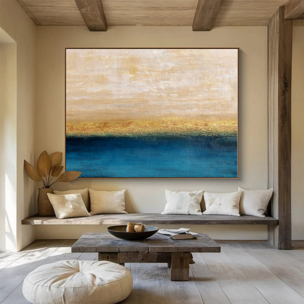 Beige, Gold, Blue Abstract Seascape Acrylic Painting WB014