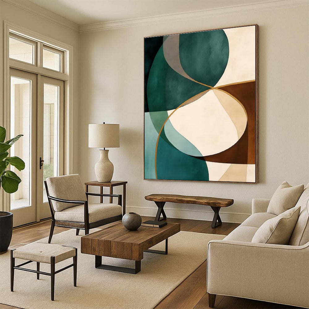 Modern Art Acrylic Teal, Brown, and Beige Circular Abstract Art HS736
