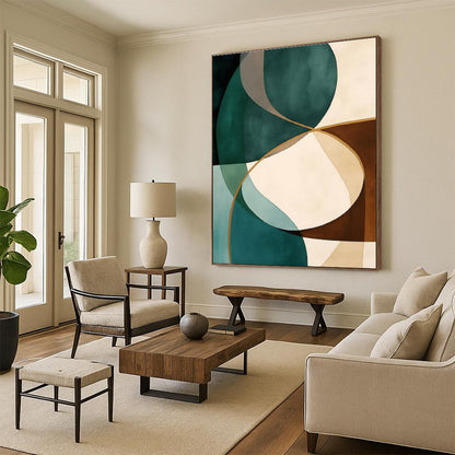 Modern Art Acrylic Teal, Brown, and Beige Circular Abstract Art HS736