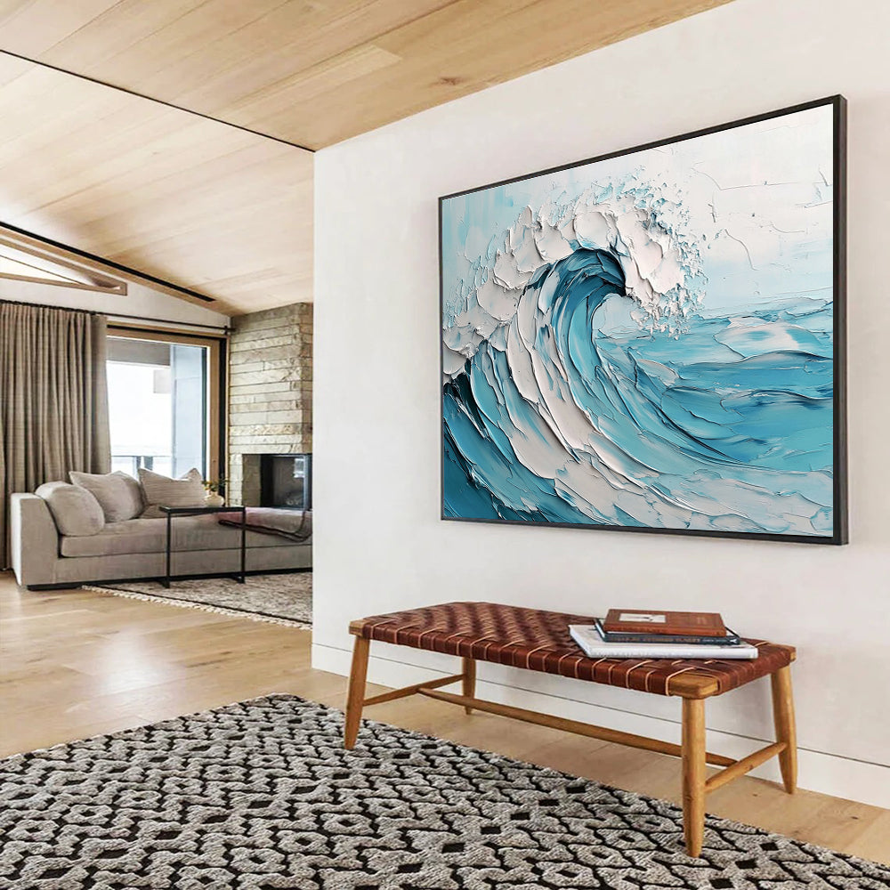Oversized Canvas Art in Blue and White Textured Wave Abstract Style WB242
