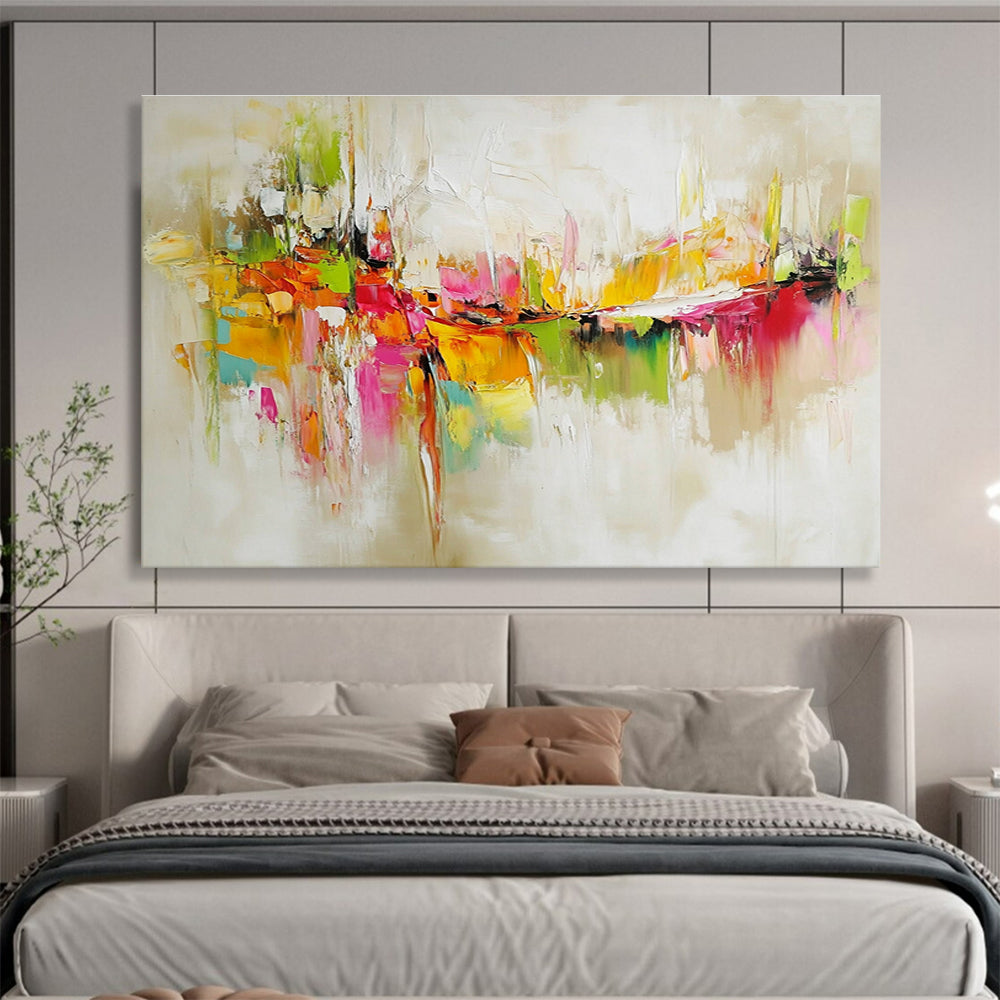 Huge Size Multicolored (Pink, Orange, Green, Yellow) Abstract Textured City - Acrylic Painting WB298