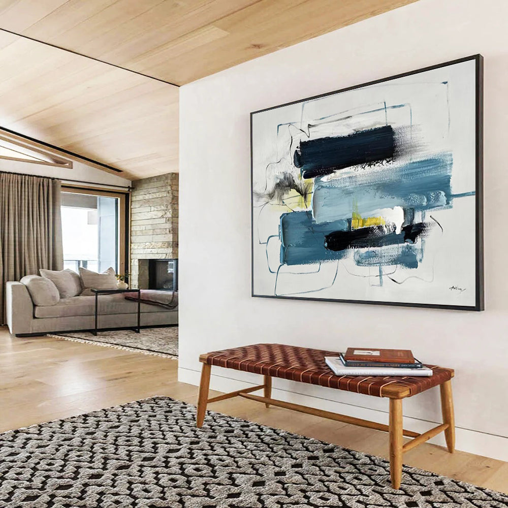 Modern Art Acrylic: Blue Black and Yellow Abstract Painting WB353