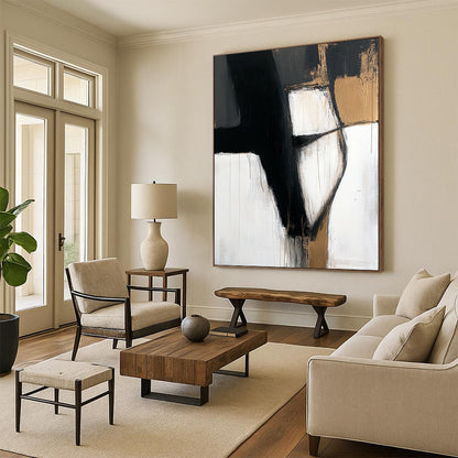 Acrylic Modern Art Paintings Black, White, and Gold Abstract Shape Painting For Sale HS154