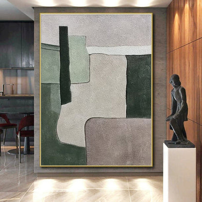 Unique Abstract Art Green & Beige Geometric Abstract, Large Contemporary Wall Art HS436