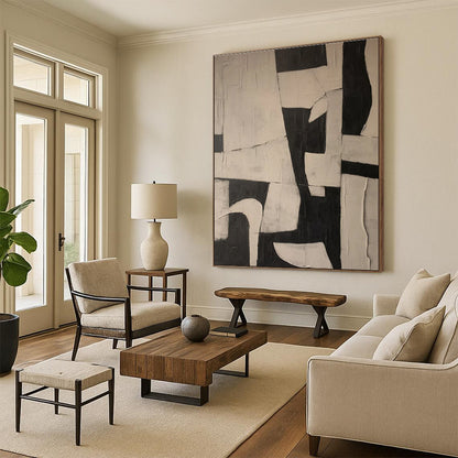 Hand-Painted Black & White Geometric Abstract, Acrylic Modern Art Painting HS317