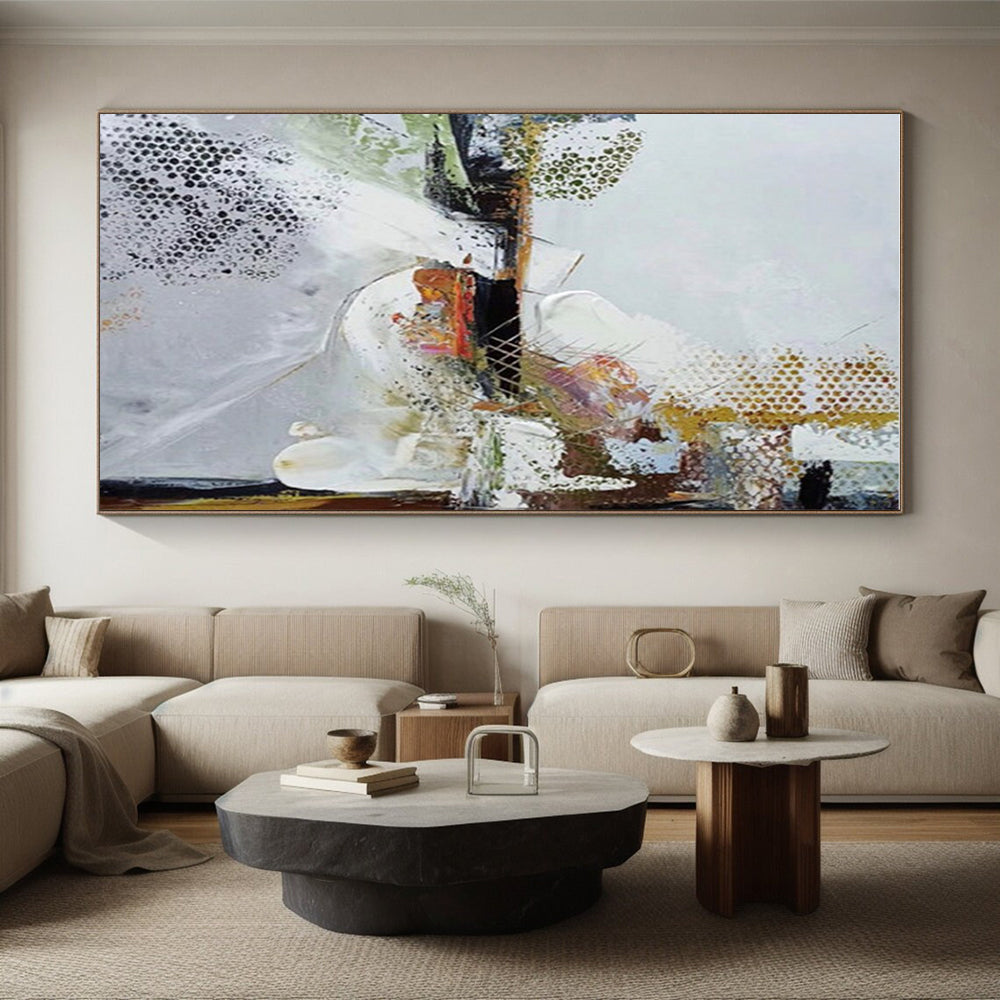Hand-Painted White, Gold & Multicolor Textured Abstract, Large Painting In Living Room HS218