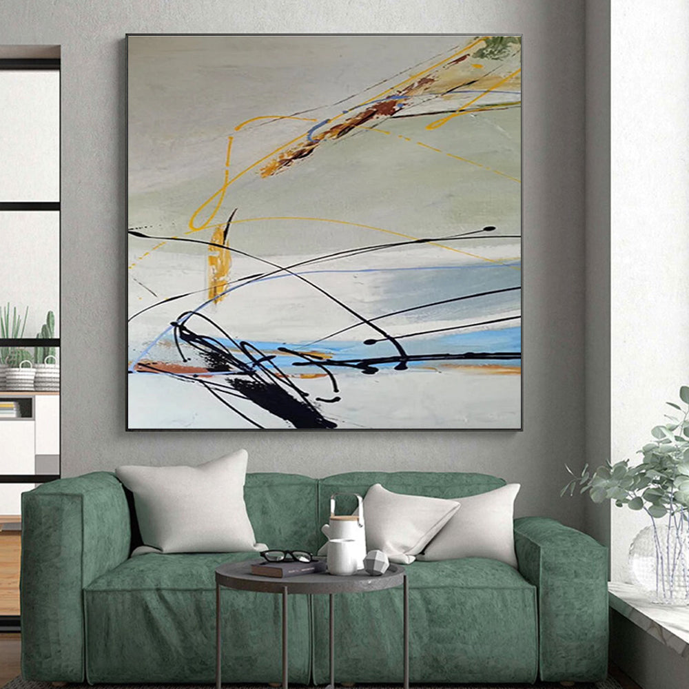 Large Size Black, Yellow & Blue Gestural Abstract, Acrylic Modern Art Painting HS210
