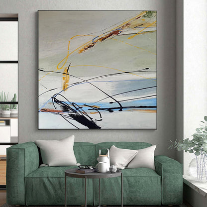 Large Size Black, Yellow & Blue Gestural Abstract, Acrylic Modern Art Painting HS210