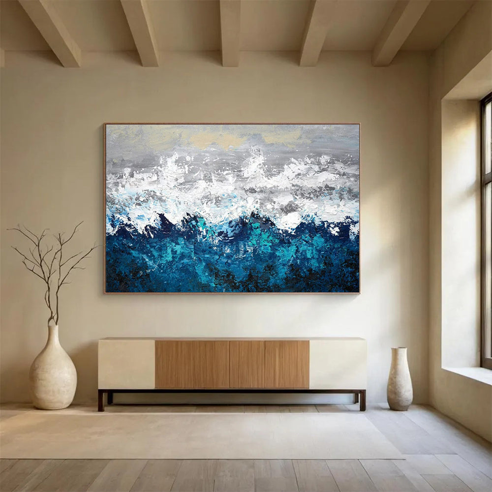 Contemporary Abstract Art: Blue Grey and White Textured Wave Abstract Painting WB370