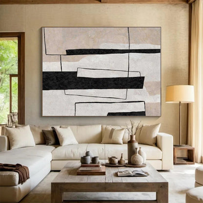 Modern Art Acrylic Black, Beige, and White Geometric Abstract Art HS680
