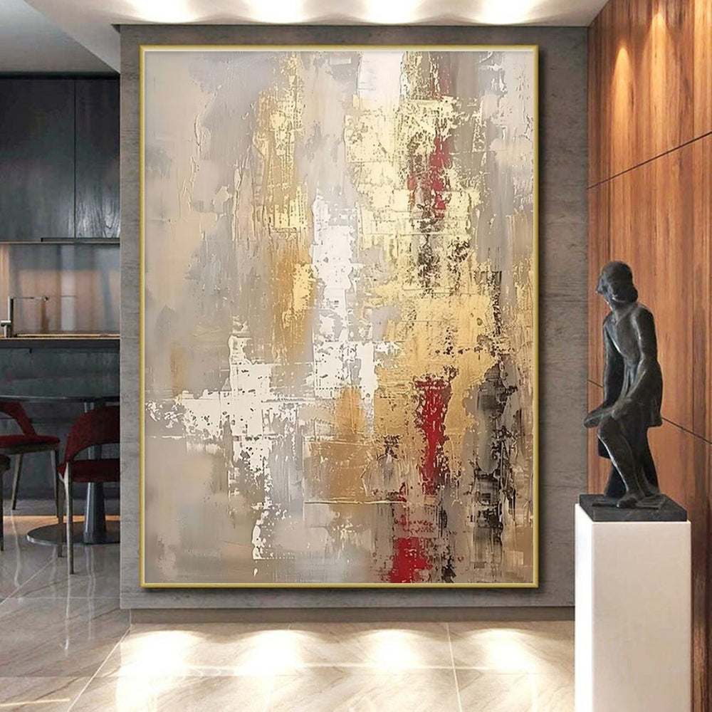 Hand Painted Art Gray, Gold, and Red Textured Abstract Art HS661
