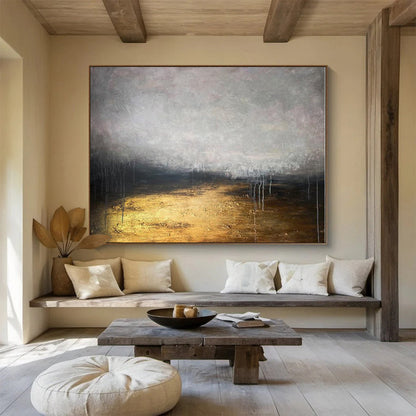 Huge Size Gray, Black and Gold Abstract Landscape Painting WB143