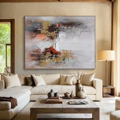 Hand-Painted Gray, White, Gold, and Red Abstract Textured Painting For Sale HS031