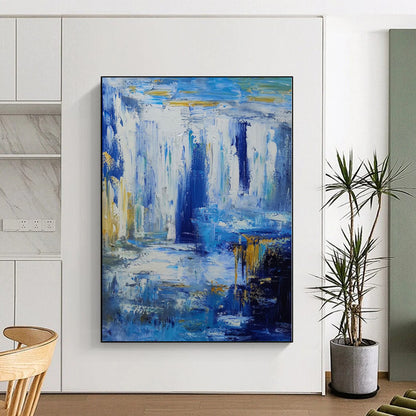 Hand-Painted Blue and Gold Abstract Waterfall Painting For Sale HS065