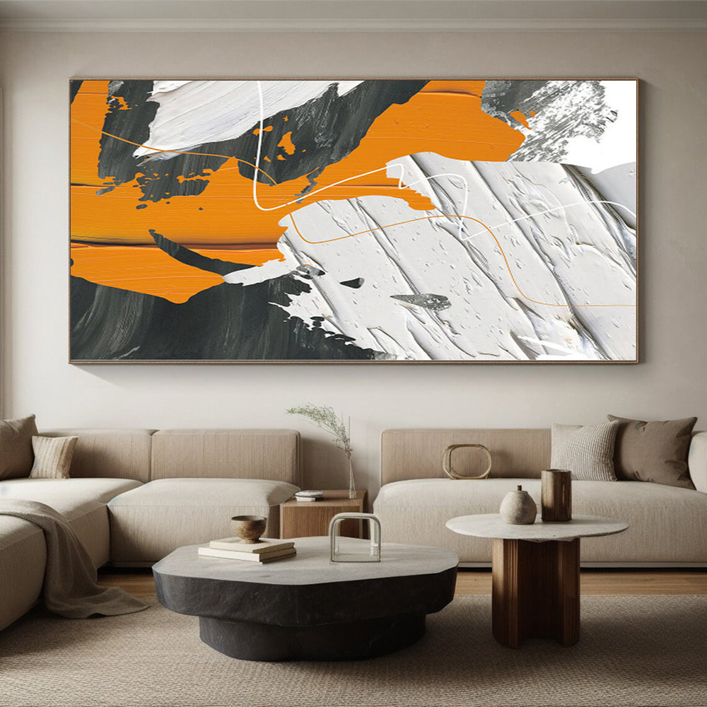 Hand-Painted Orange, Black, and White Abstract Textured Painting For Sale HS090
