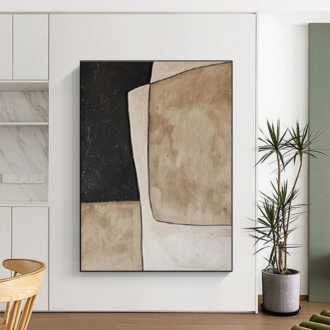 Handmade Art Black, Beige, and Brown Geometric Abstract Art HS672