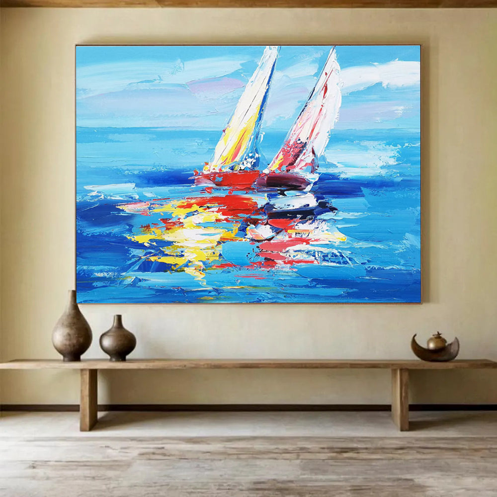 Oversized Canvas Art in Blue and Multicolor Sailboat Abstract Style WB232