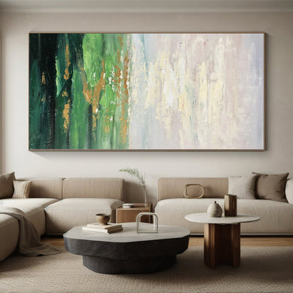 Hand-Painted Green and Gold Abstract Landscape Painting For Sale HS067