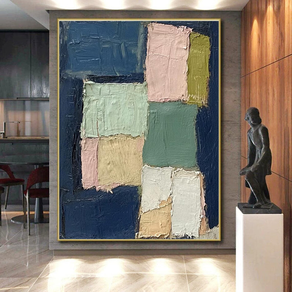 Hand Painted Art Navy & Pastel Blocks, Large Painting In Living Room HS205