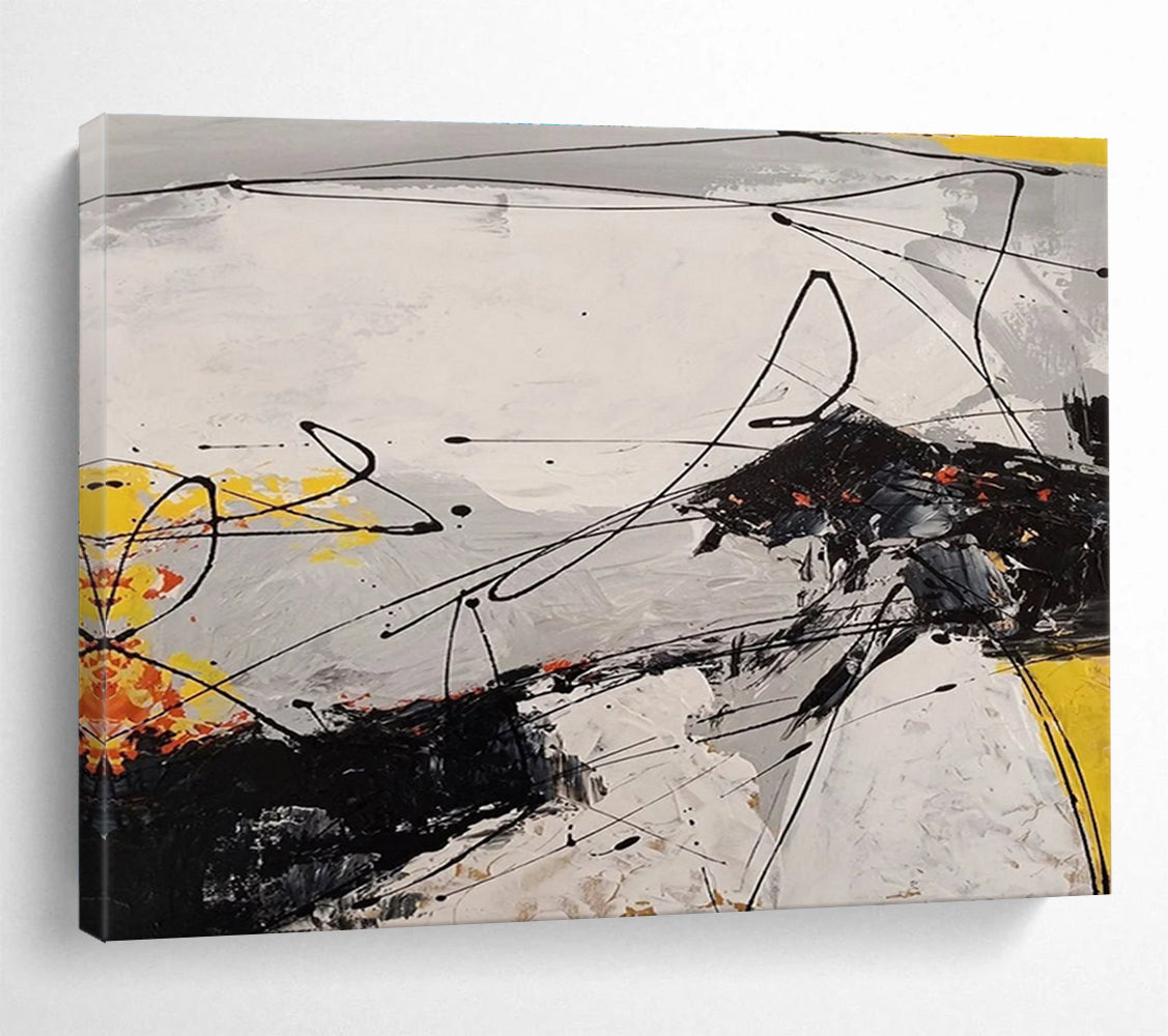 Oversized Canvas Art Black, White, and Yellow Abstract Linear Dynamic Art, Abstract Acrylic Painting WB185