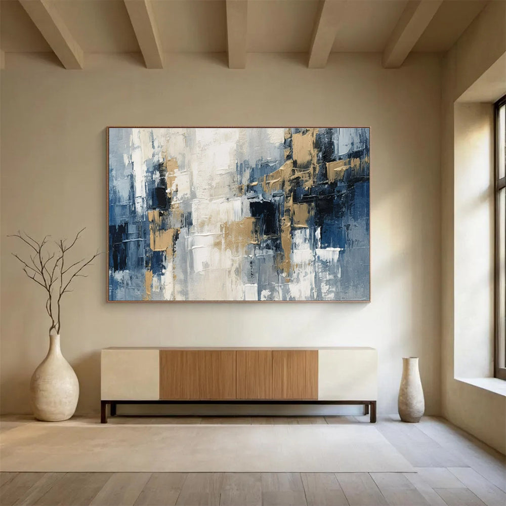 Blue, Gray, Beige Abstract Textured Cityscape Art For Sale WB395
