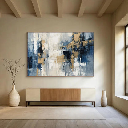 Blue, Gray, Beige Abstract Textured Cityscape Art For Sale WB395
