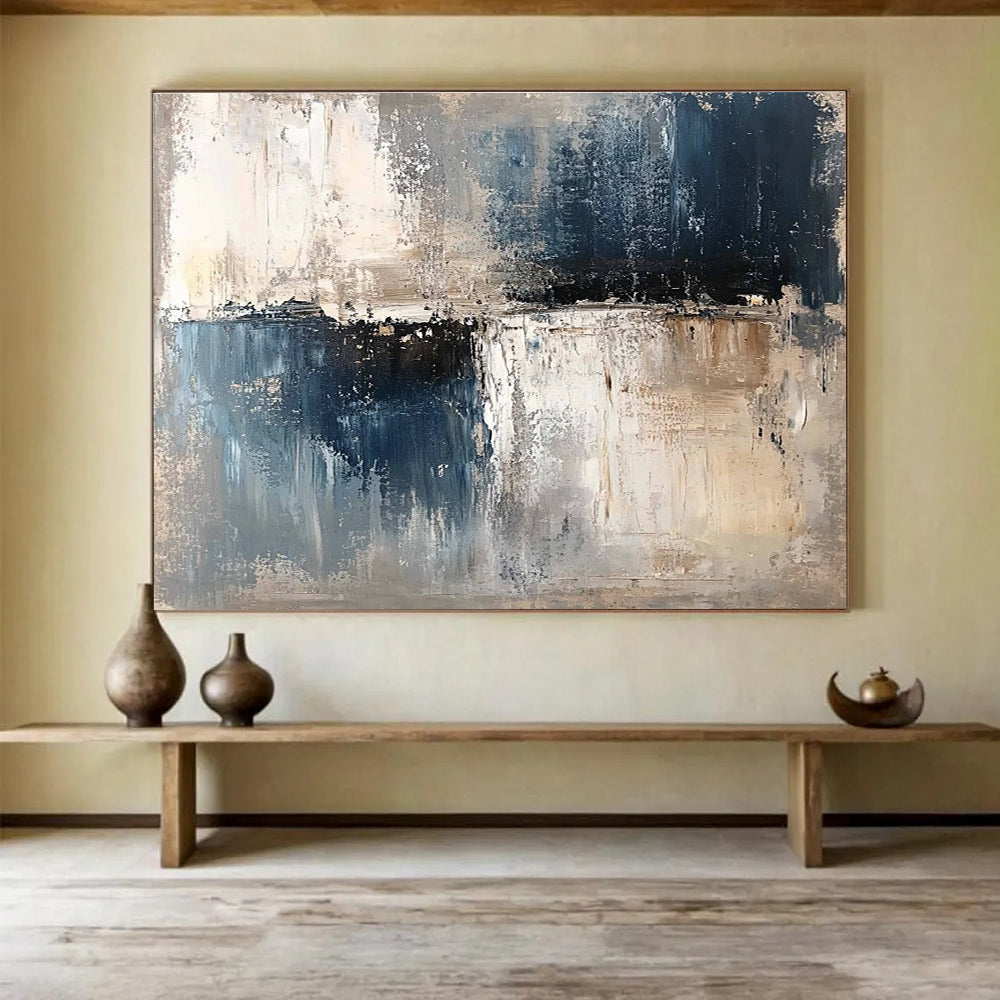 Oversized Canvas Art Blue, Gray, and Beige Abstract Textured Landscape - Acrylic Painting WB277