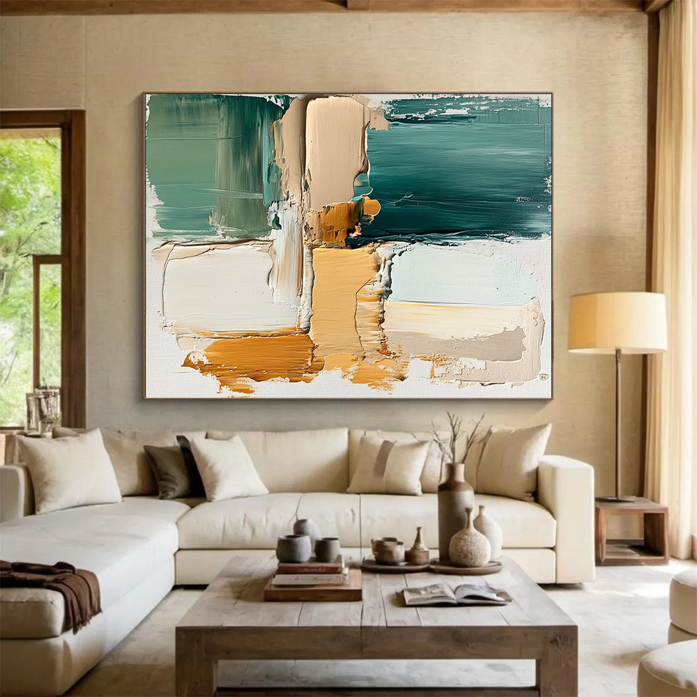 Hand Painted Art Teal and Neutral Geometric Abstract Painting HS173