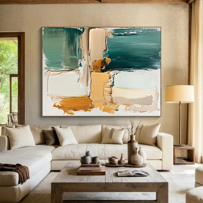 Hand Painted Art Teal and Neutral Geometric Abstract Painting HS173