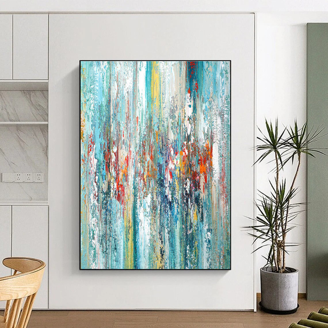 Hand-Painted Turquoise, Red & Yellow Abstract Vertical Strokes Art HS381