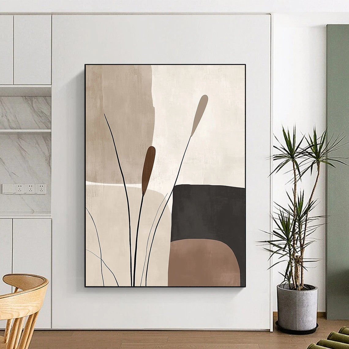 Handmade Art Beige, Brown, and Black Abstract Nature Painting For Sale HS135