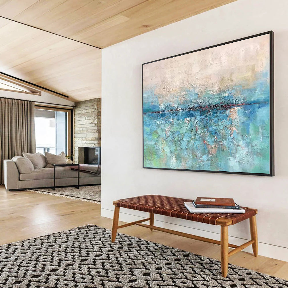 Oversized Canvas Art Blue and Green Abstract Textured Landscape Painting WB092