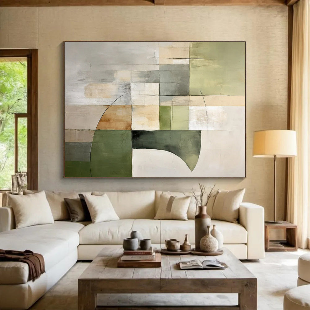 Acrylic Modern Art Paintings Green, Beige, and Gray Geometric Abstract Painting On Canvas HS780