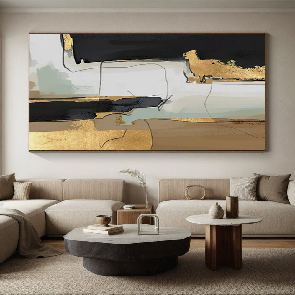 Hand Painting Black, Gold, and Beige Abstract Textured Painting For Sale HS088