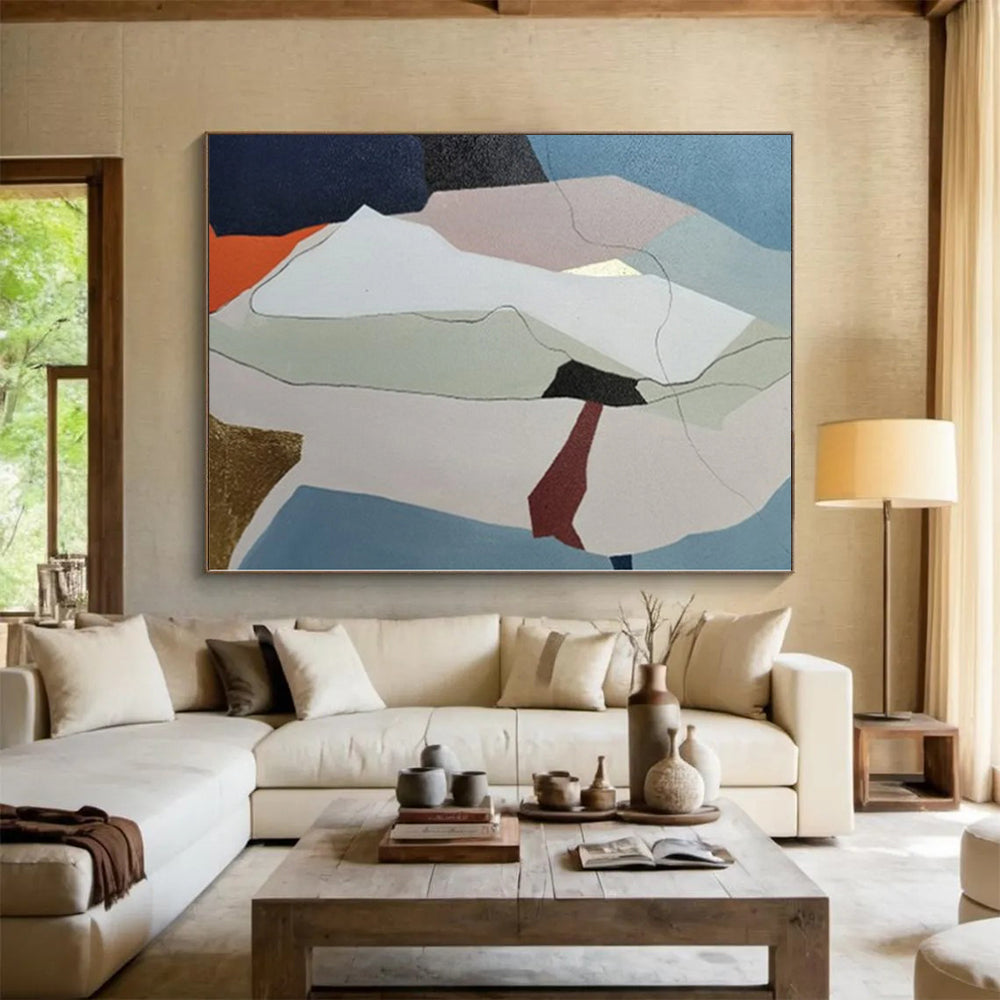 Hand-Painted Blue, Beige, and Gold Abstract Geometric Shape Painting For Sale HS020