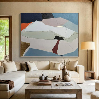 Hand-Painted Blue, Beige, and Gold Abstract Geometric Shape Painting For Sale HS020