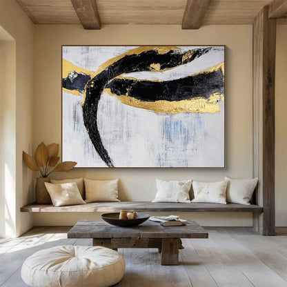 Oversized Canvas Art in Black, Gold, and White Textured Abstract Style WB240